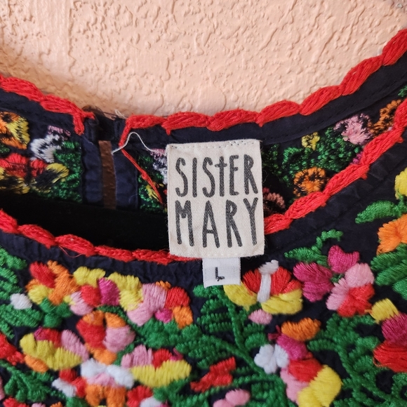 Sister Mary Navy Colorful Floral Short Sleeve Midi Embroidered Mexican Dress - Picture 9 of 11